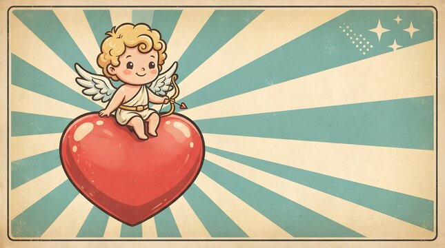 Vintage illustration of a cherub sitting atop a large red heart with ray background
