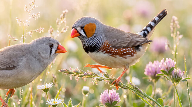 Wild male and female Zebra Finch birds interacting together on a delicate grassy stalk among blooming pink clover flowers in a bright sunny meadow habitat