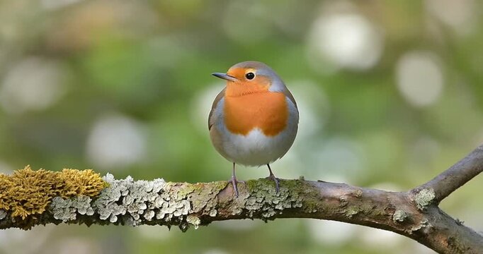 European robin bird perched on mossy branch in natural green forest habitat close-up