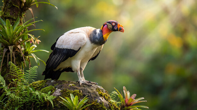 Colorful King Vulture scavenger bird of prey with striking vibrant head plumage perched on a mossy woodland rock in a lush green tropical rainforest habitat