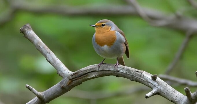 European robin bird perched on thin branch in natural green foliage background