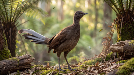 Obraz premium Wild Superb Lyrebird standing proudly on the leaf littered forest floor in a lush green native Australian woodland habitat displaying its unique tail feathers