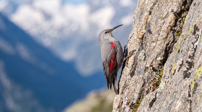 Wild Wallcreeper songbird displaying crimson wing feathers while clinging vertically to a steep rocky alpine cliff face against a snowy mountain peak background