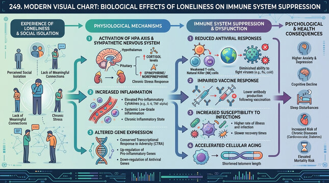 Medical Infographic Illustrating the Biological Effects of Loneliness and Social Isolation on the Immune System and General Health