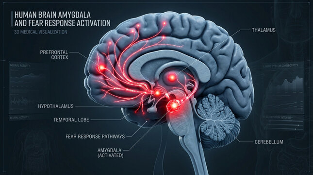 Human Brain Amygdala and Fear Response Neural Activation 3D Medical Illustration