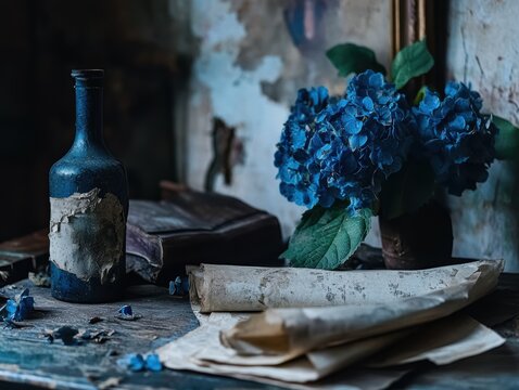A lush bouquet of blue hydrangea flowers in a vase is placed on a rustic wooden table next to stacked antique books against a dark backdrop.

