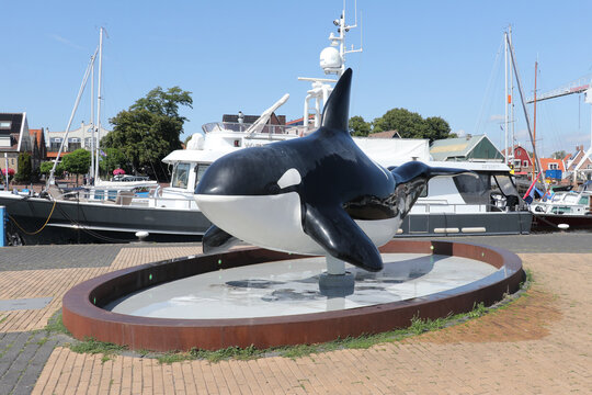 Orca fountain in habour with boat in background. Sea animal art piece statue on display in summer. 
