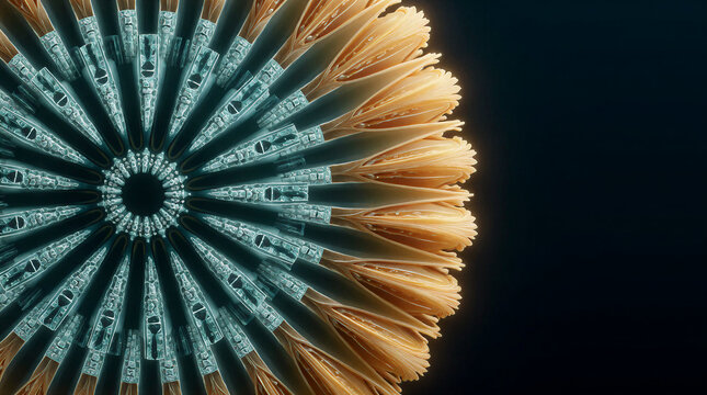 Concentric balance featuring a geometric sea daisy disc of crystalline ossicles and organic marginal plates within a dark void