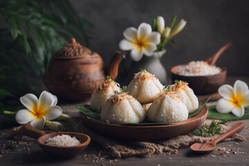 Obraz premium Traditional steamed coconut rice cakes with teapot and frangipani