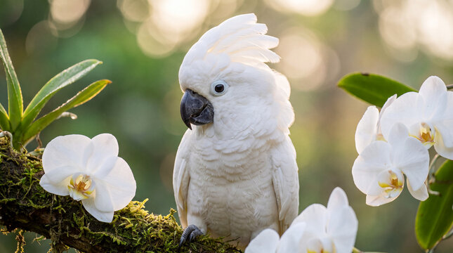 Detailed close up portrait of a wild White Cockatoo parrot displaying its prominent crest while perched on a mossy branch surrounded by elegant white orchids