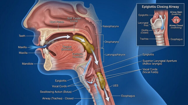 Detailed Medical Illustration of Human Swallowing Process and Epiglottis Function in the Throat