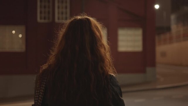Cinematic rear view of a girl with long wavy hair walking on a city street at night. Warm street lighting creates a moody atmosphere with a blurred urban background. 