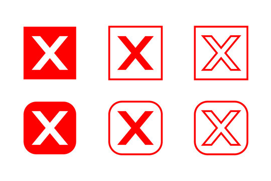 Set of six red square checkbox X marks in filled, outlined, rounded, and hand drawn styles, ideal for checklists, forms, surveys, voting, UI design, branding, presentations, digital graphics, PNG.