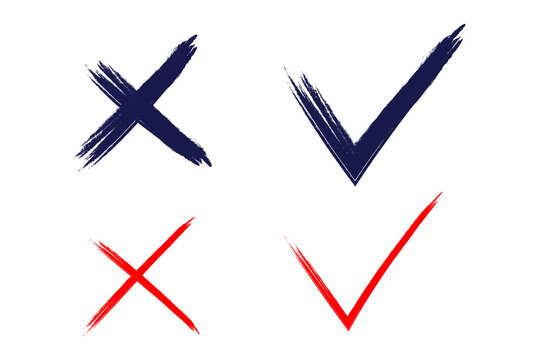 Hand drawn X and check mark symbols in navy blue and red, isolated approval and rejection icons for checklists, forms, surveys, notes, education, validation, voting, checklist, feedback. High-res PNG