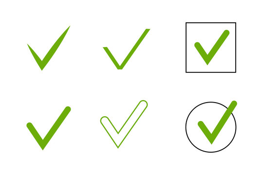 Set of six green checkmark symbols in varied hand drawn, outlined, and circular styles, ideal for checklists, approvals, surveys, forms, presentations, websites, UI design. High-res isolated PNG 