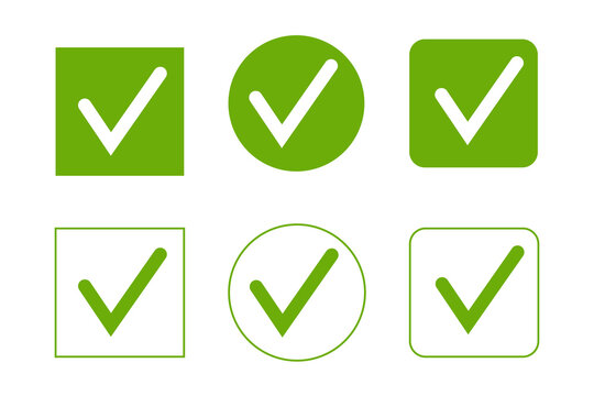 Set of six green checkmark checkbox icons in square, rounded, filled, and outlined styles, ideal for checklists, forms, surveys, approvals, UI design, websites, and presentations, PNG.