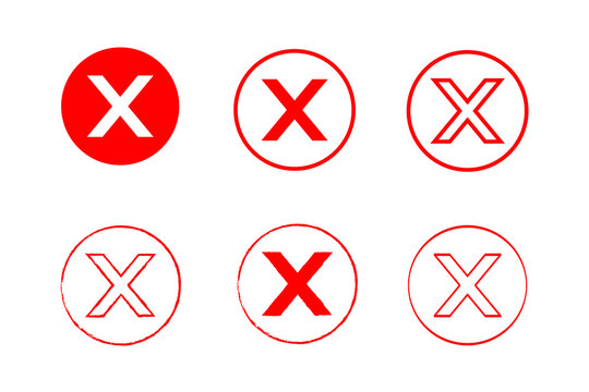 Set of six red circular X mark icons in filled and outlined styles, ideal for checklists, forms, surveys, voting, warning symbols, UI buttons, presentations, graphic design. High resolution PNG.