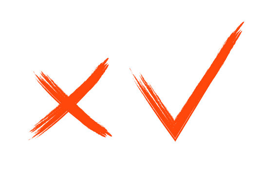 Orange brushstroke X mark and checkmark set PNG, grunge cross tick symbol sticker, hand-drawn wrong right icon. Approval, rejection, voting, checklist, feedback symbols for presentations, infographics