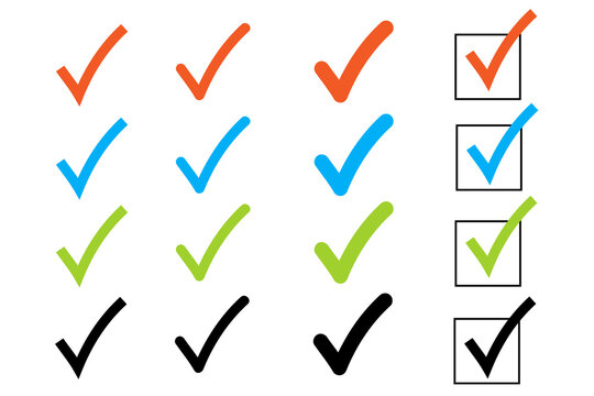 Set of colorful checkmarks in red, blue, green, and black with outlined checkbox variations. Ideal for checklists, forms, surveys, approvals, presentations, UI design. Transparent high-resolution PNG