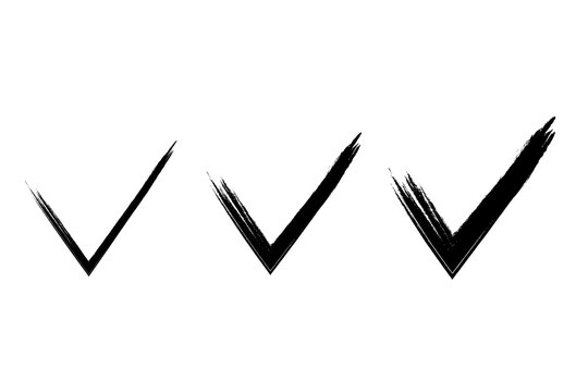 Set of three black hand drawn checkmarks with bold brush strokes, ideal for checklists, approvals, forms, surveys, notes, ui, presentations, social media, and graphic design. Isolated, high-res PN