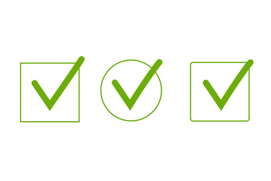 Set of three green checkmark checkbox icons in square and circular outline styles, ideal for checklists, forms, surveys, approvals, voting, UI buttons, websites, presentations. Transparent PNG vector