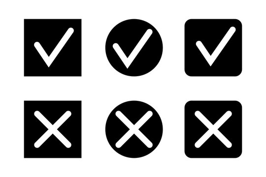 Set of six black checkmark and X icons in square and circular shapes, ideal for yes or no choices, checklists, forms, surveys, approvals, rejection, UI design, presentations. Transparent high-res PNG