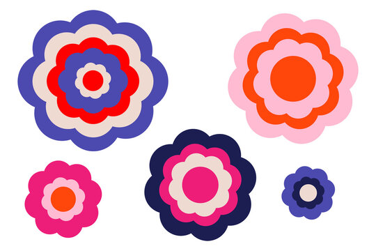 Colorful flower icon collection PNG. Cute layered floral shapes in orange, pink, red and blue, perfect for spring designs, stickers, logos, invitations, branding and social media.