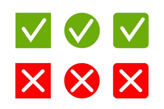 Set of six bold green checkmark and red X checkbox icons in square and circular styles, ideal for yes or no choices, checklists, forms, surveys, approvals, presentations, UI design. Transparent PNG 