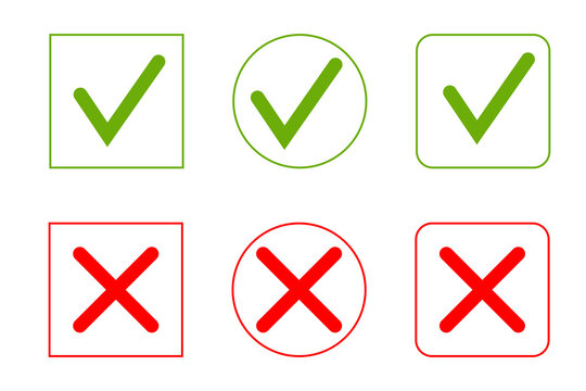 Green check mark and red X icon set PNG. Hand-drawn approval and rejection symbols in square, circle and rounded shapes, perfect for quizzes, presentations, infographics, checklists, forms, UI design