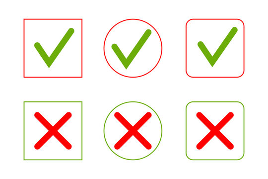 Set of six green checkmark and red X icons with square and circular outlines, ideal for correct and incorrect answers, checklists, surveys, forms, voting, approvals, and digital design. Isolated PNG