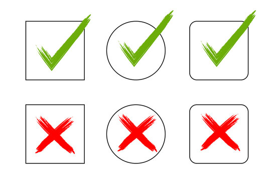 Set of six green checkmarks and red X symbols in square and circular outlines, ideal for correct or incorrect answers, checklists, forms, surveys, presentations, approvals, and UI design. High-res PNG
