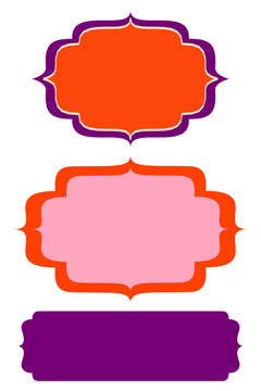 Bold ornate bracket label frame set PNG, orange pink purple fancy badge sticker collection, retro flourish tag for logo, menu, invitation, stickers, branding, scrapbooking, stationery and social media