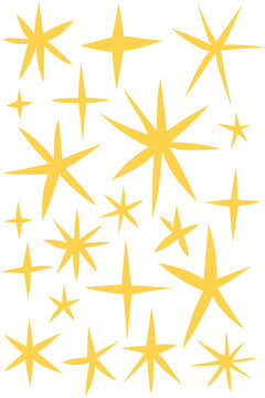 Golden yellow fun starburst sparkle pattern PNG. Hand-drawn star burst scatter sticker set, festive glitter star for celebration designs, stickers, logos, posters, magical graphics and social media