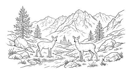 Obraz premium Hand-drawn line art illustration of two deer in a scenic mountain landscape with a winding stream, pine trees, and rocky peaks, perfect for a coloring book page or wilderness design.