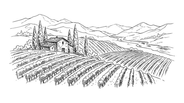 Hand-Drawn Sketch of a Vineyard Landscape with a Rustic Farmhouse, Cypress Trees, and Rolling Hills in Tuscany, Vector Engraving Style Illustration