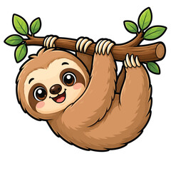 Naklejka premium Cute sloth cartoon hanging upside down from a tree branch, adorable sleepy woodland animal illustration isolated on white background