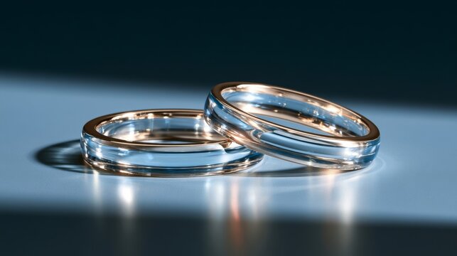 Three silver rings on a reflective blue surface