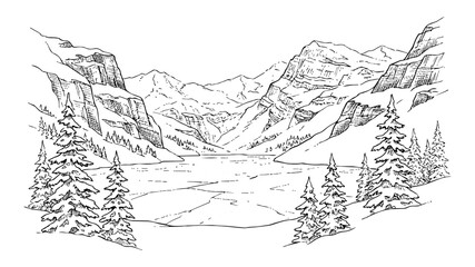 Obraz premium Hand Drawn Mountain Landscape Sketch with Alpine Lake and Pine Trees, Rocky Mountains Nature Line Art Illustration