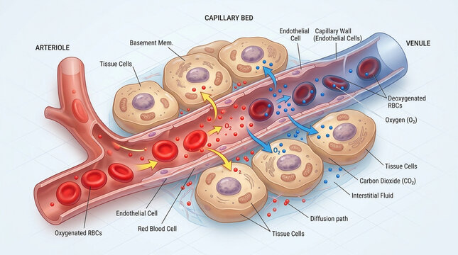 Medical Diagram of Gas Exchange in Capillary Bed showing Oxygen and Carbon Dioxide Diffusion between Red Blood Cells and Tissue Cells
