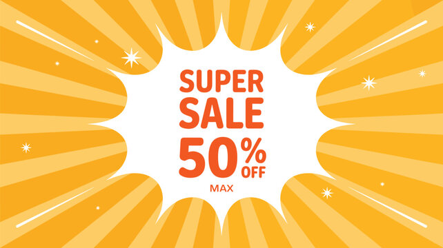Super Sale 50% Off Promotion with Sunburst Background