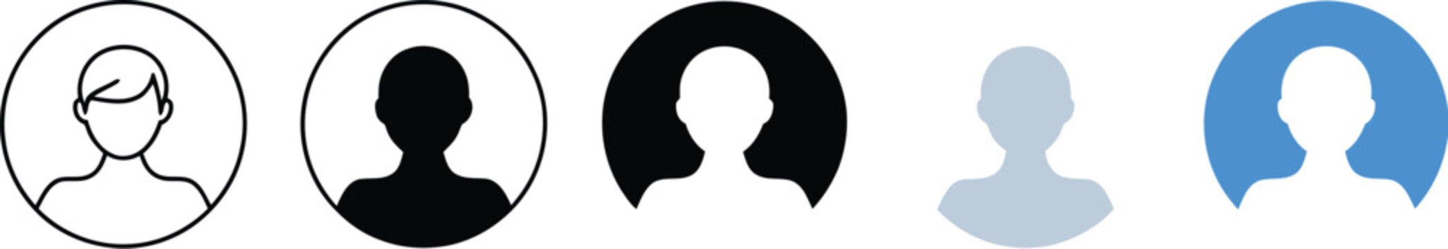 User profile avatar icon set. Account login, member profile, and default person avatar symbols in circular outline, filled silhouette, and blue vector styles isolated on white background.