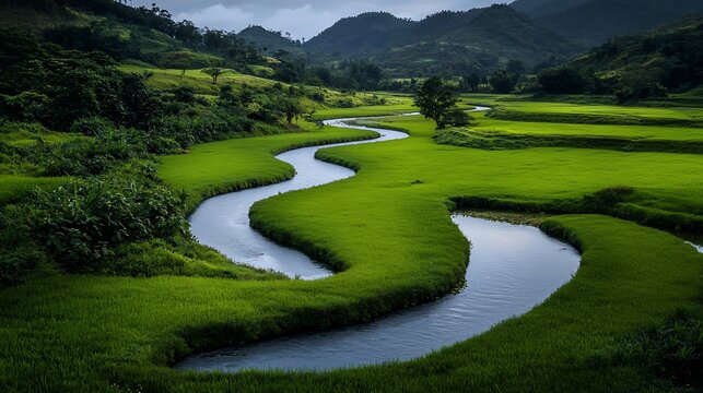 Serpentine river meandering through vibrant green rice paddies and lush hills under a dramatic sky.