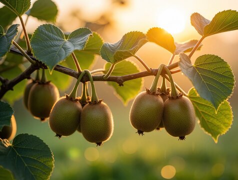 Fresh organic kiwi fruits grow on branch in sunny orchard. Green fuzzy fruit hangs from tree among large leaves at sunrise. Natural agriculture scene shows ripe tropical produce in garden under warm