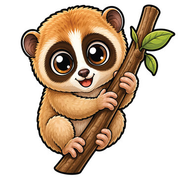Cute cartoon sloth climbing a tree branch, adorable slow woodland animal character illustration isolated on white background