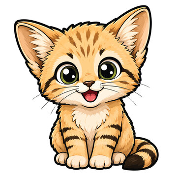 Cute cartoon orange tabby kitten with big sparkling eyes and fluffy tail, adorable pet cat illustration isolated on white