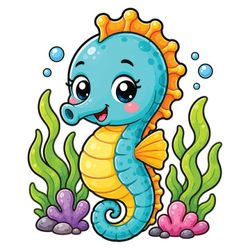 Cute cartoon seahorse swimming among colorful coral and seaweed, adorable ocean creature illustration isolated on white