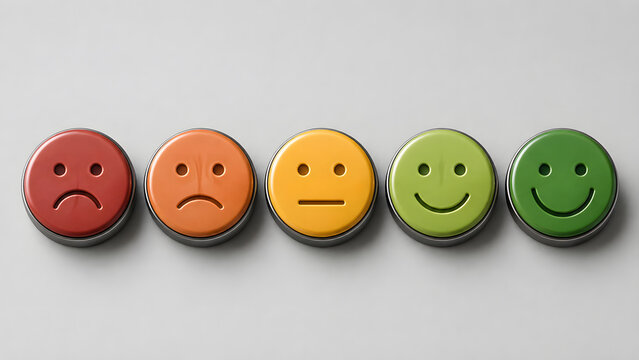 Customer satisfaction rating scale with five color coded face buttons ranges from unhappy to happy for survey feedback and evaluation.
