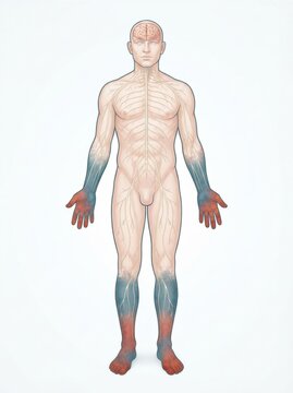Diagram illustrates peripheral nerve anatomy featuring nerve plexus and dermatome patterns along a human figure positioned upright
