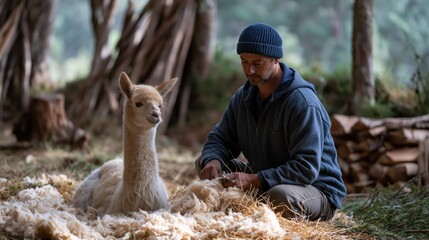 Obraz premium Farmer tending alpaca wool outdoors during soft natural lighting with selective focus on the animal and man
