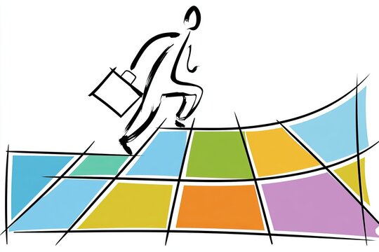 Hand-drawn illustration of a professional figure carrying a briefcase, ascending an upward path of colorful geometric tiles, symbolizing career advancement and opportunity